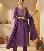 Floral Embroidered Panelled Thread Work Cotton Kurta with Trousers & With Dupatta