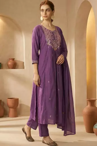 Floral Embroidered Panelled Thread Work Cotton Kurta with Trousers & With Dupatta