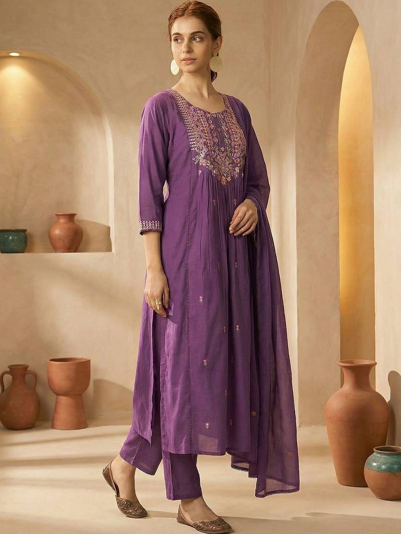 Floral Embroidered Panelled Thread Work Cotton Kurta with Trousers & With Dupatta