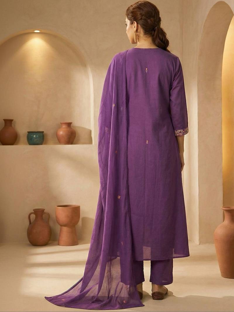 Floral Embroidered Panelled Thread Work Cotton Kurta with Trousers & With Dupatta