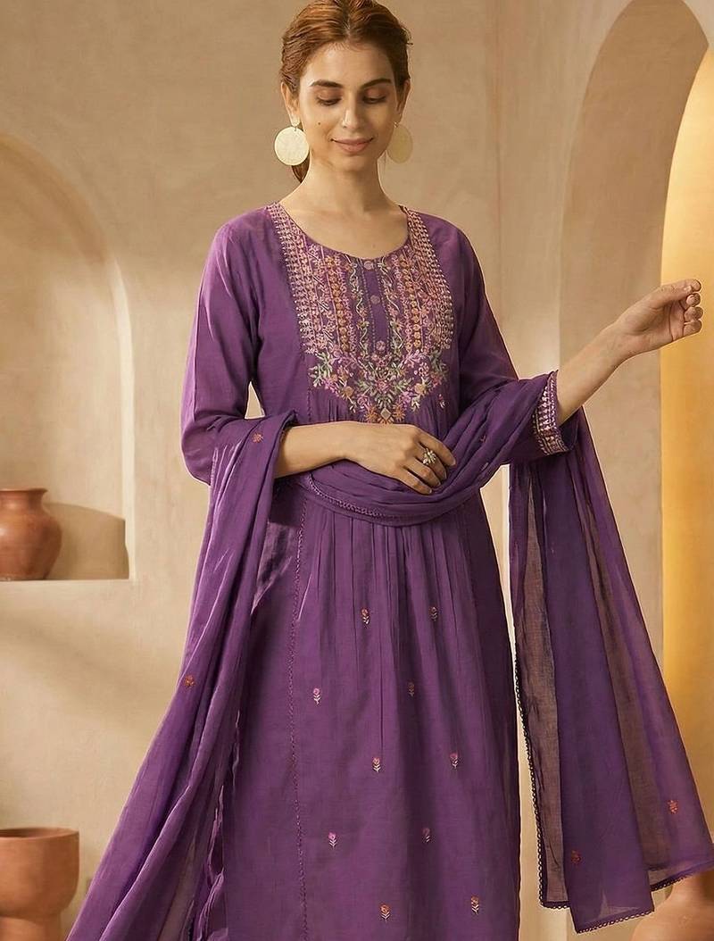 Floral Embroidered Panelled Thread Work Cotton Kurta with Trousers & With Dupatta
