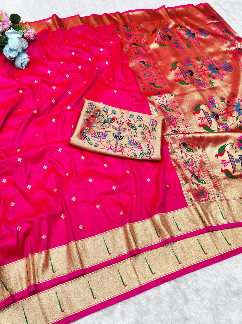 rani zari woven paithani silk blend traditional saree with swarovski blouse piece