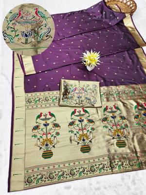 wine zari woven paithani silk blend traditional saree with swarovski blouse piece 1