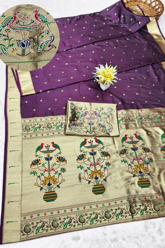 wine zari woven paithani silk blend traditional saree with swarovski blouse piece
