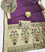 wine zari woven paithani silk blend traditional saree with swarovski blouse piece