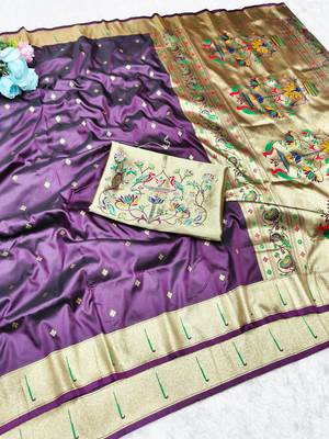 wine zari woven paithani silk blend traditional saree with swarovski blouse piece 4