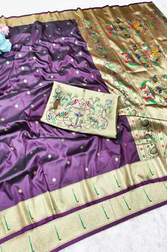 wine zari woven paithani silk blend traditional saree with swarovski blouse piece