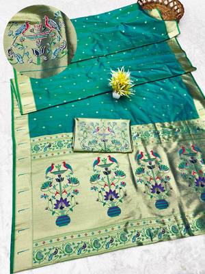 rama zari woven paithani silk blend traditional saree with swarovski blouse piece 1