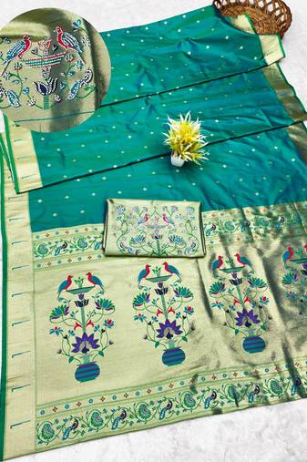 rama zari woven paithani silk blend traditional saree with swarovski blouse piece
