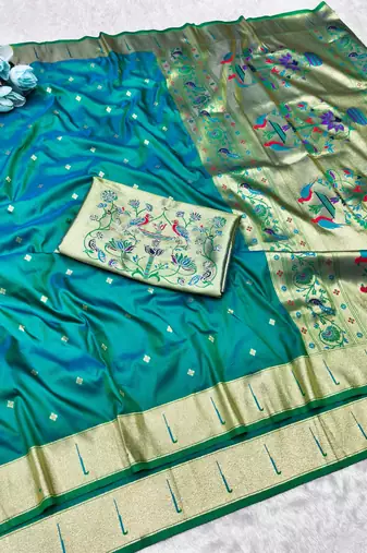 rama zari woven paithani silk blend traditional saree with swarovski blouse piece