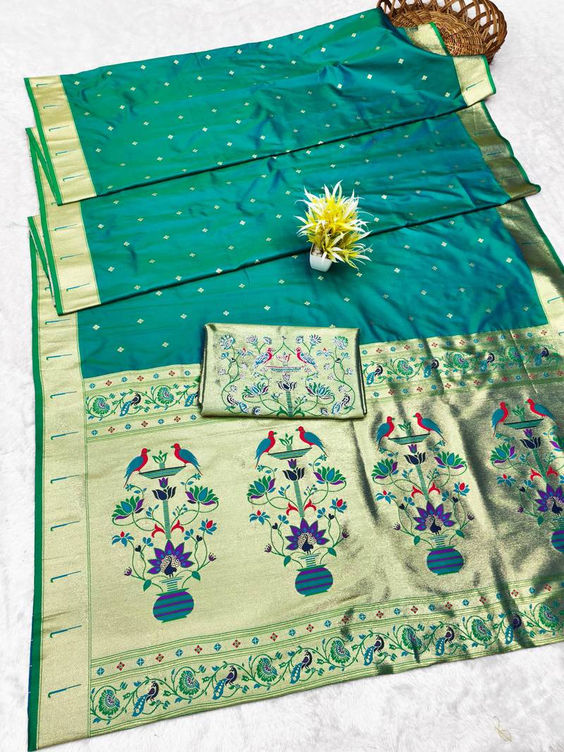 rama zari woven paithani silk blend traditional saree with swarovski blouse piece