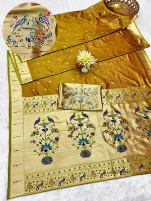 gold zari woven paithani silk blend traditional saree with swarovski blouse piece 1