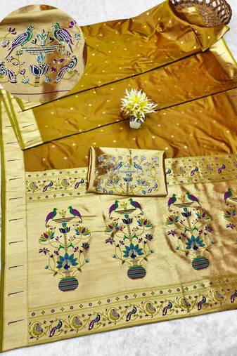 gold zari woven paithani silk blend traditional saree with swarovski blouse piece