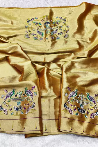 gold zari woven paithani silk blend traditional saree with swarovski blouse piece