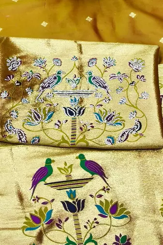 gold zari woven paithani silk blend traditional saree with swarovski blouse piece