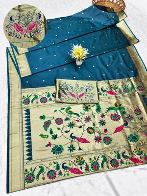 firozi zari woven paithani silk blend traditional saree with swarovski blouse piece 1