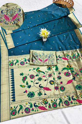 firozi zari woven paithani silk blend traditional saree with swarovski blouse piece