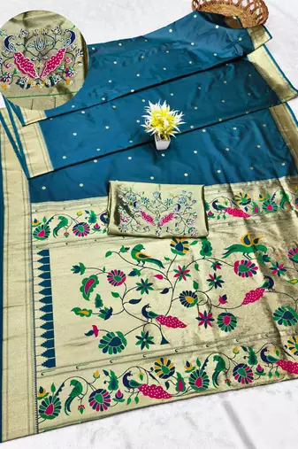 firozi zari woven paithani silk blend traditional saree with swarovski blouse piece