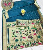 firozi zari woven paithani silk blend traditional saree with swarovski blouse piece