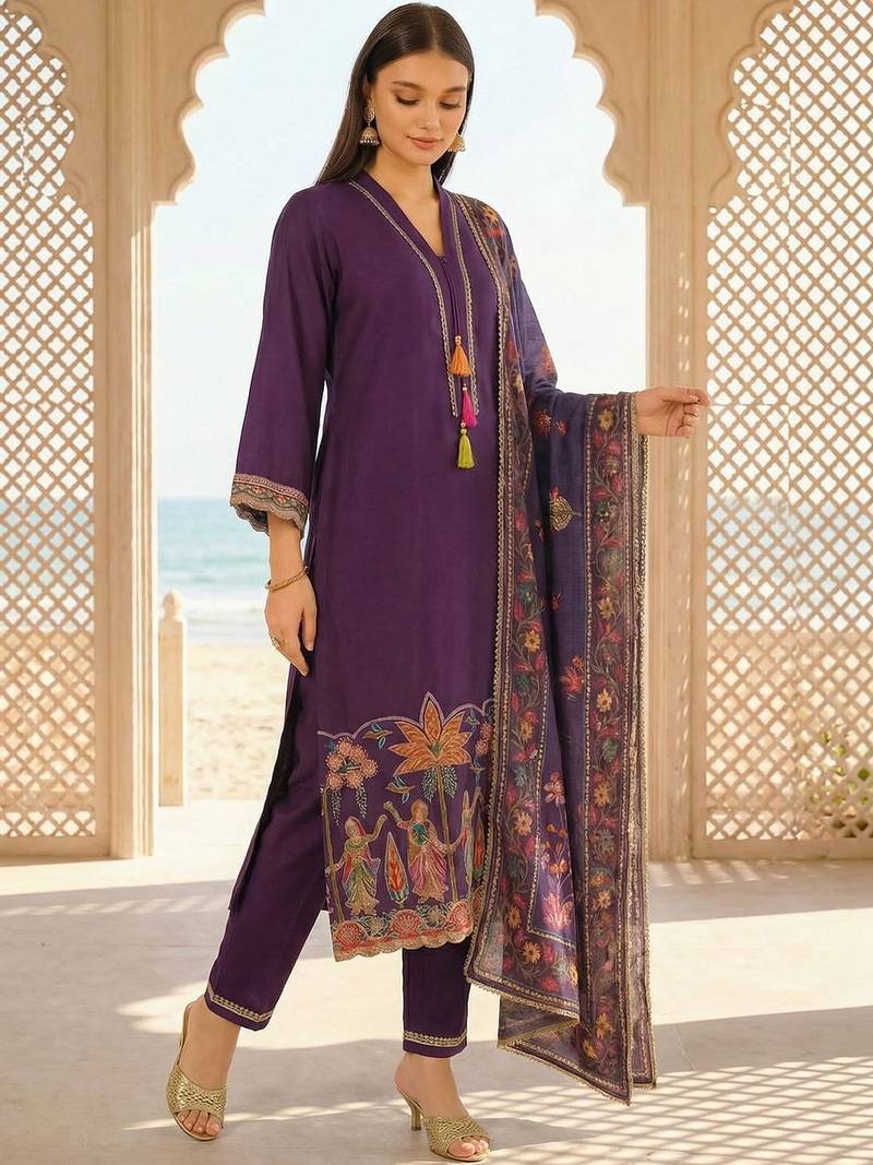 Women Ethnic Motifs Printed Regular Thread Work Kurta with Trousers & With Dupatta
