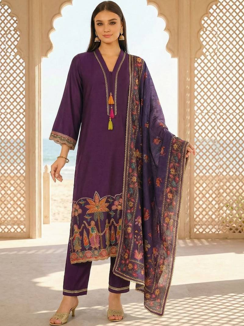 Women Ethnic Motifs Printed Regular Thread Work Kurta with Trousers & With Dupatta