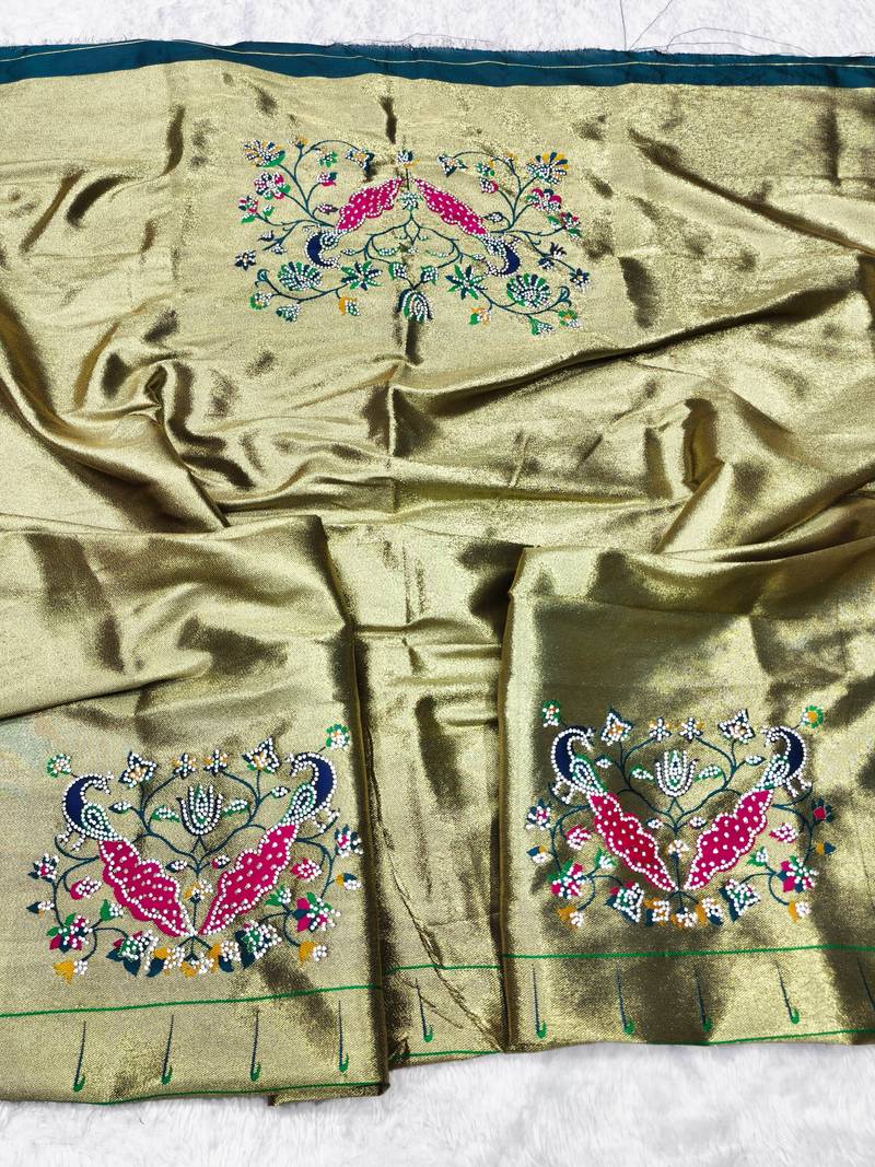 firozi zari woven paithani silk blend traditional saree with swarovski blouse piece
