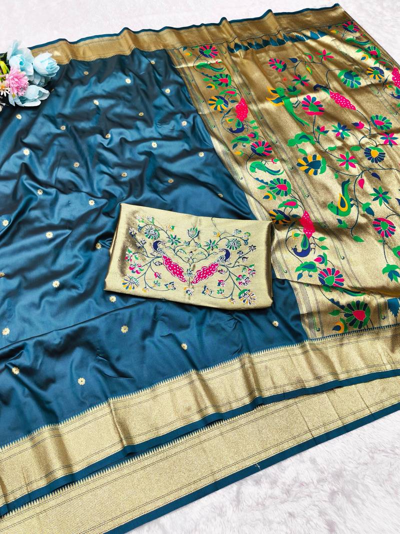 firozi zari woven paithani silk blend traditional saree with swarovski blouse piece