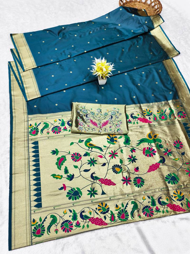 firozi zari woven paithani silk blend traditional saree with swarovski blouse piece