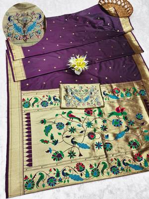 wine zari woven paithani silk blend traditional saree with swarovski blouse piece 1