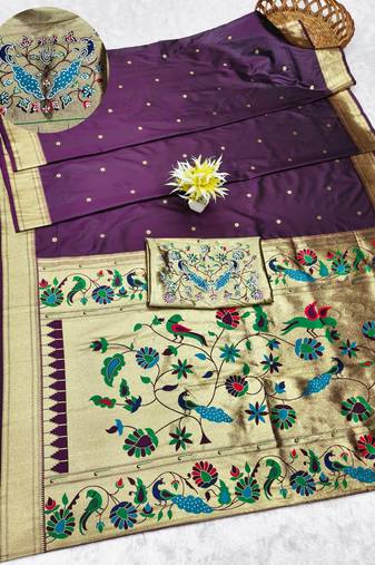 wine zari woven paithani silk blend traditional saree with swarovski blouse piece