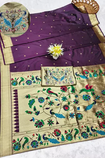 wine zari woven paithani silk blend traditional saree with swarovski blouse piece