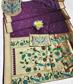 wine zari woven paithani silk blend traditional saree with swarovski blouse piece