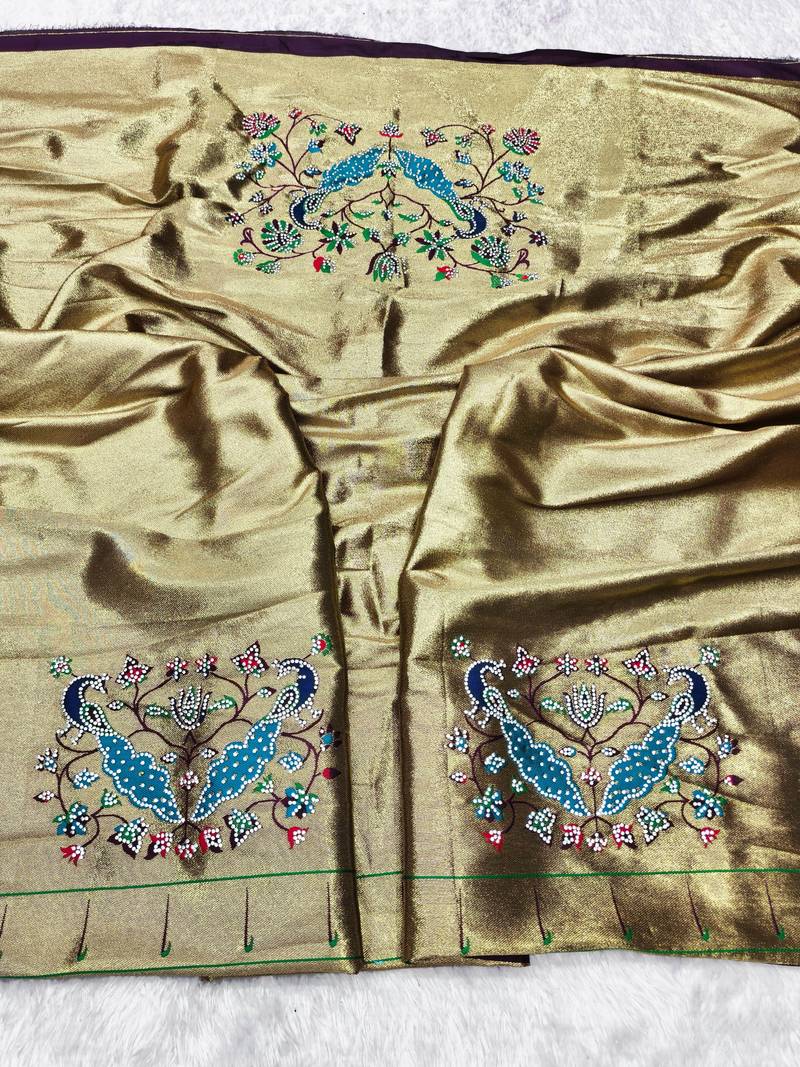 wine zari woven paithani silk blend traditional saree with swarovski blouse piece