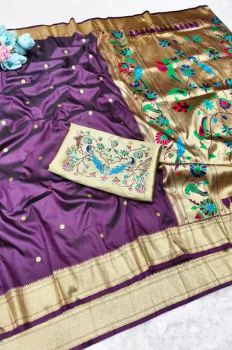 wine zari woven paithani silk blend traditional saree with swarovski blouse piece