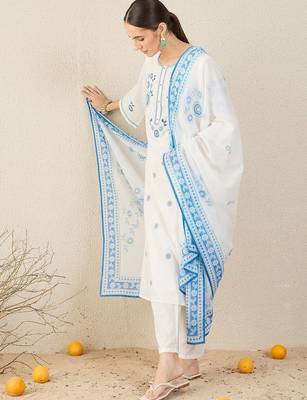 Women Ethnic Motifs Embroidered Regular Pure Cotton Kurta with Trousers & Dupatta 3