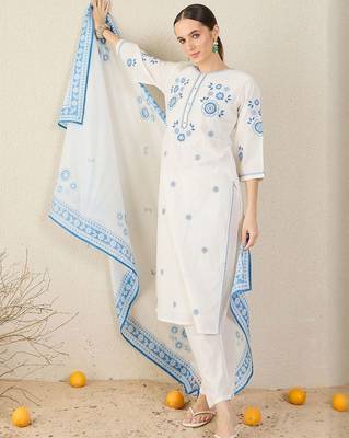 Women Ethnic Motifs Embroidered Regular Pure Cotton Kurta with Trousers & Dupatta 5
