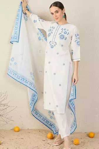 Women Ethnic Motifs Embroidered Regular Pure Cotton Kurta with Trousers & Dupatta