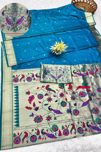 rama zari woven paithani silk blend traditional saree with swarovski blouse piece