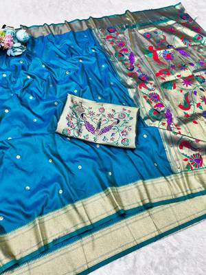 rama zari woven paithani silk blend traditional saree with swarovski blouse piece 4