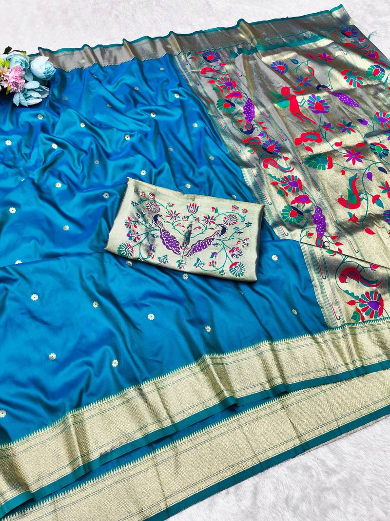 rama zari woven paithani silk blend traditional saree with swarovski blouse piece