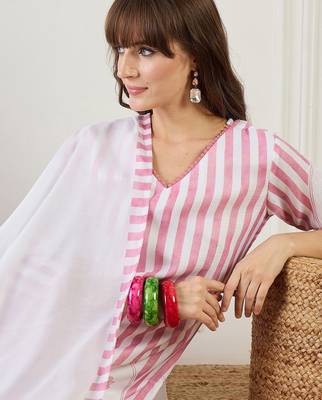 Striped Straight Kurta With Trouser & Dupatta 2