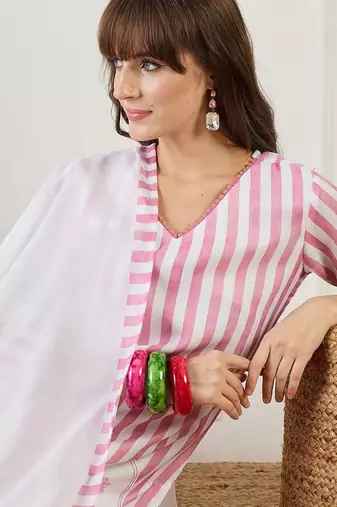 Striped Straight Kurta With Trouser & Dupatta