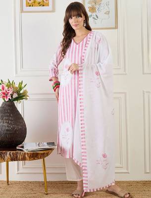 Striped Straight Kurta With Trouser & Dupatta 1