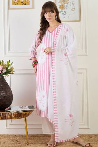 Striped Straight Kurta With Trouser & Dupatta