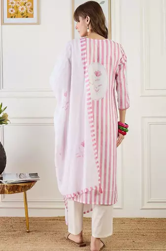 Striped Straight Kurta With Trouser & Dupatta