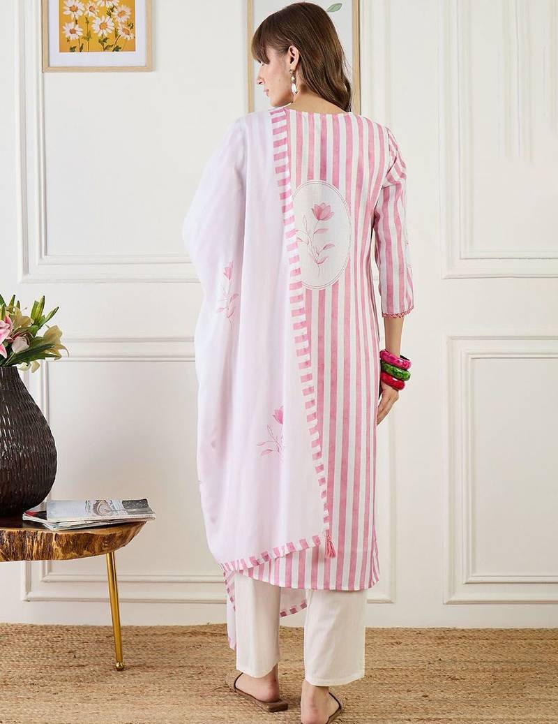 Striped Straight Kurta With Trouser & Dupatta