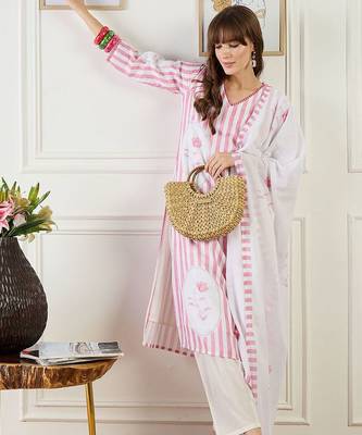 Striped Straight Kurta With Trouser & Dupatta 5