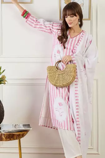 Striped Straight Kurta With Trouser & Dupatta