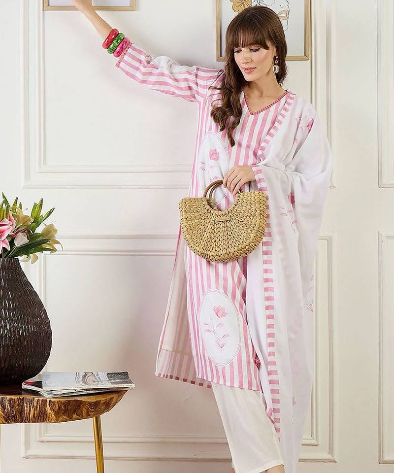 Striped Straight Kurta With Trouser & Dupatta