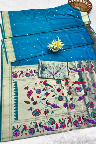 rama zari woven paithani silk blend traditional saree with swarovski blouse piece
